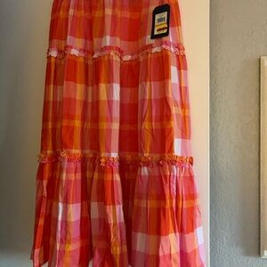 Nautica Pink & Orange Plaid Tiered Maxi Skirt